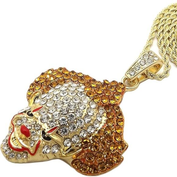Hip Hop Iced Gold Plated Crazy Clown Pendant & 24" Rope Chain Necklace - Picture 1 of 4